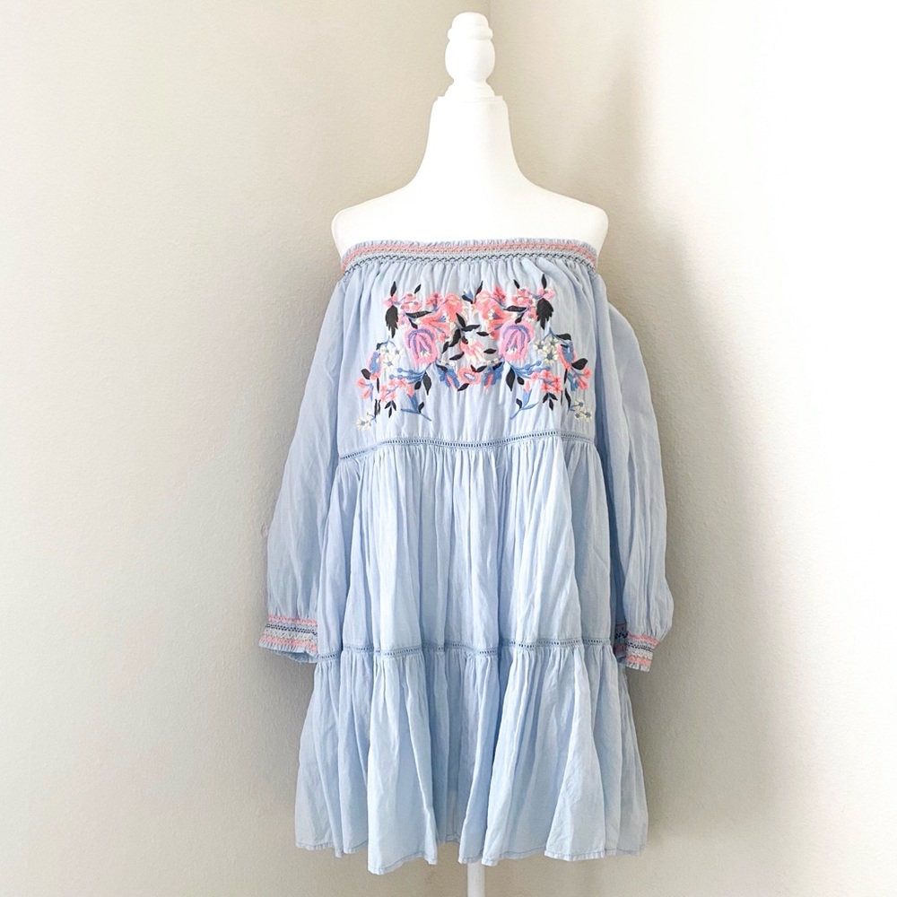 Free People Blue Off-Shoulder Bishop Sleeve Mini Dress